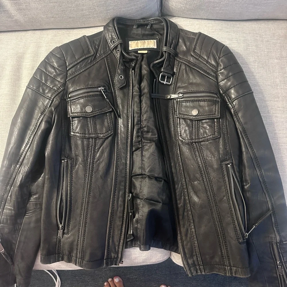 Michael Kors Black Leather Military Jacket - Picture 1 of 5